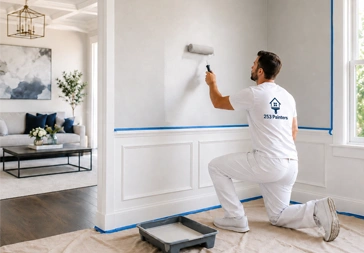 Painter wearing a 253 Painters shirt applying fresh paint to an interior wall in a bright modern home, with protective floor covering and painter’s tape for a clean, professional finish.