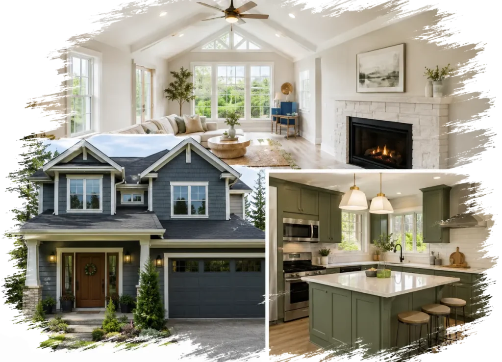 Collage featuring a bright modern living room with a fireplace, a blue-grey suburban home exterior, and a stylish green kitchen with an island, all arranged with soft brush-stroke edges on a white background.