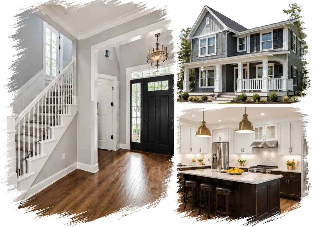 Collage showing a bright entry foyer with staircase and black front door, a two-storey grey-blue house exterior with a front porch, and a modern white kitchen with a dark wood island and pendant lights, all framed with soft brush-stroke edges on a white background.